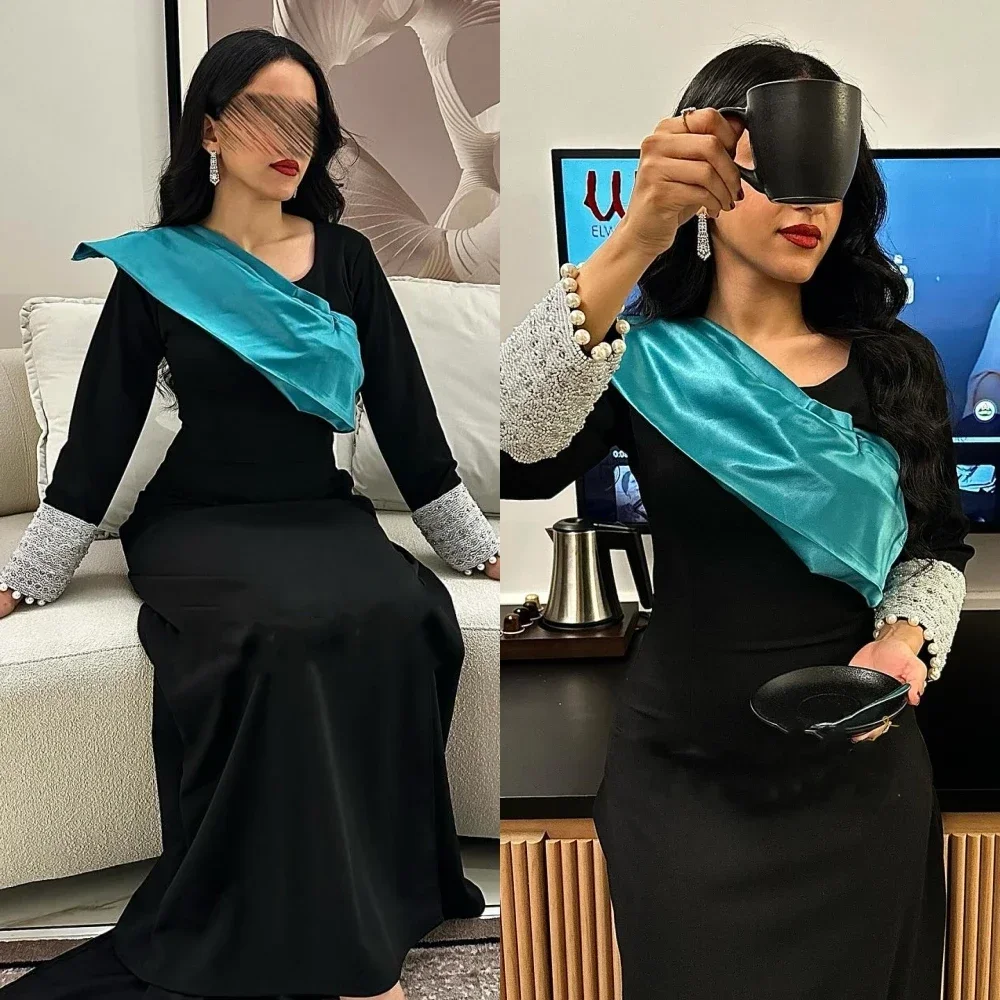 Customized Prom Dress Saudi Arabia Modern Style V-Neck A-line Beading Floor-Length Satin Bespoke Occasion Dresses Evening