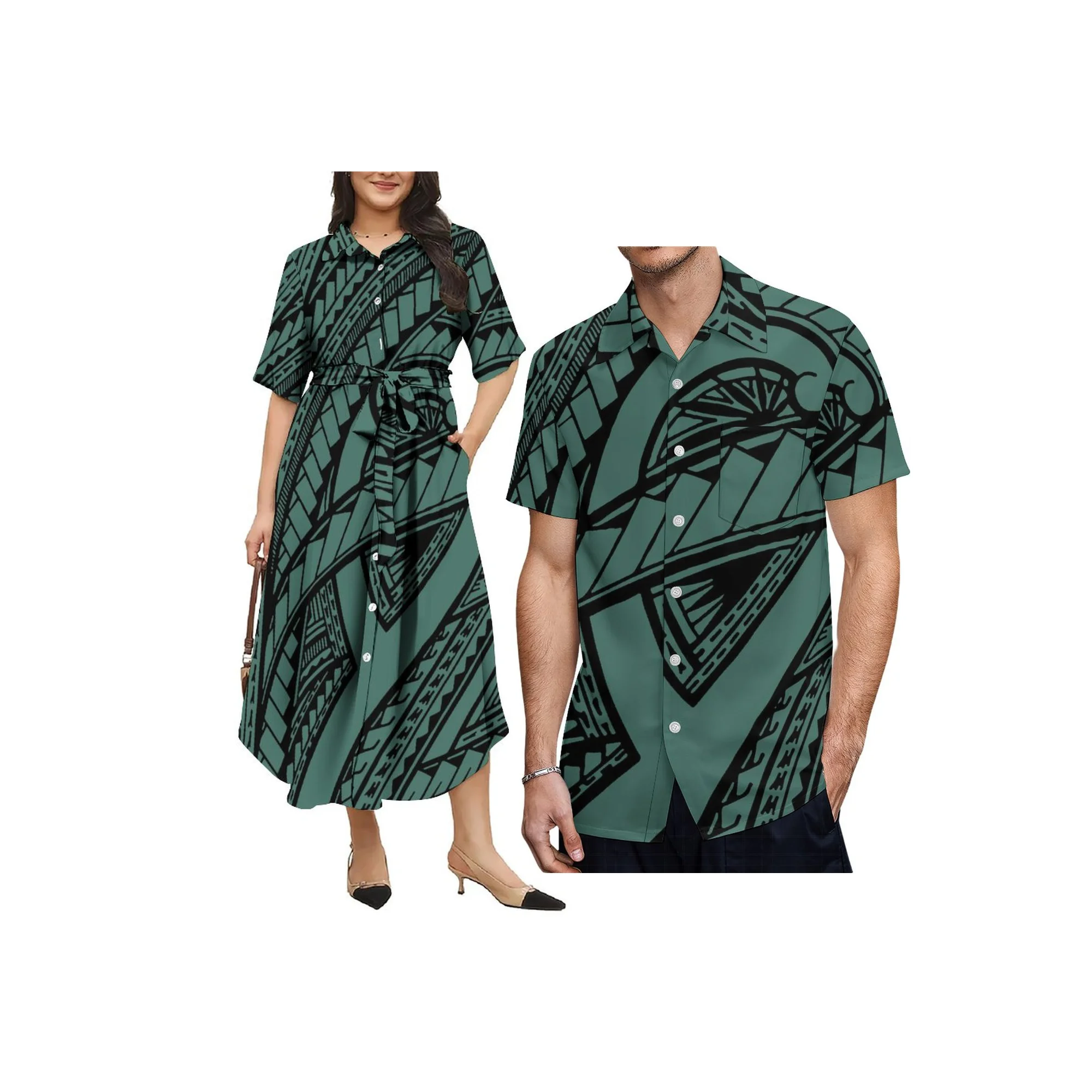 High Quality Wholesale Summer Fashion Women Half Sleeve Maxi Long Dress Custom Logo Fiji Polynesian Tribal Button Shirts Dress