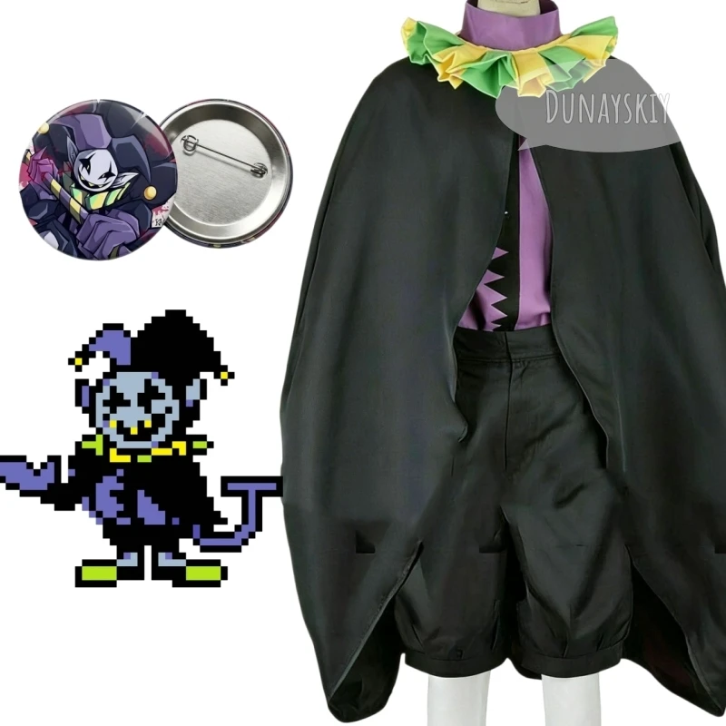 Deltarune Jevil Cosplay Kostüm Schwarzer Übergroßer Loser Umhang Cape Cosplay Oberbekleidung Clown Halskragen mit Rüschen Spiel Halloween Bühnenkostüm