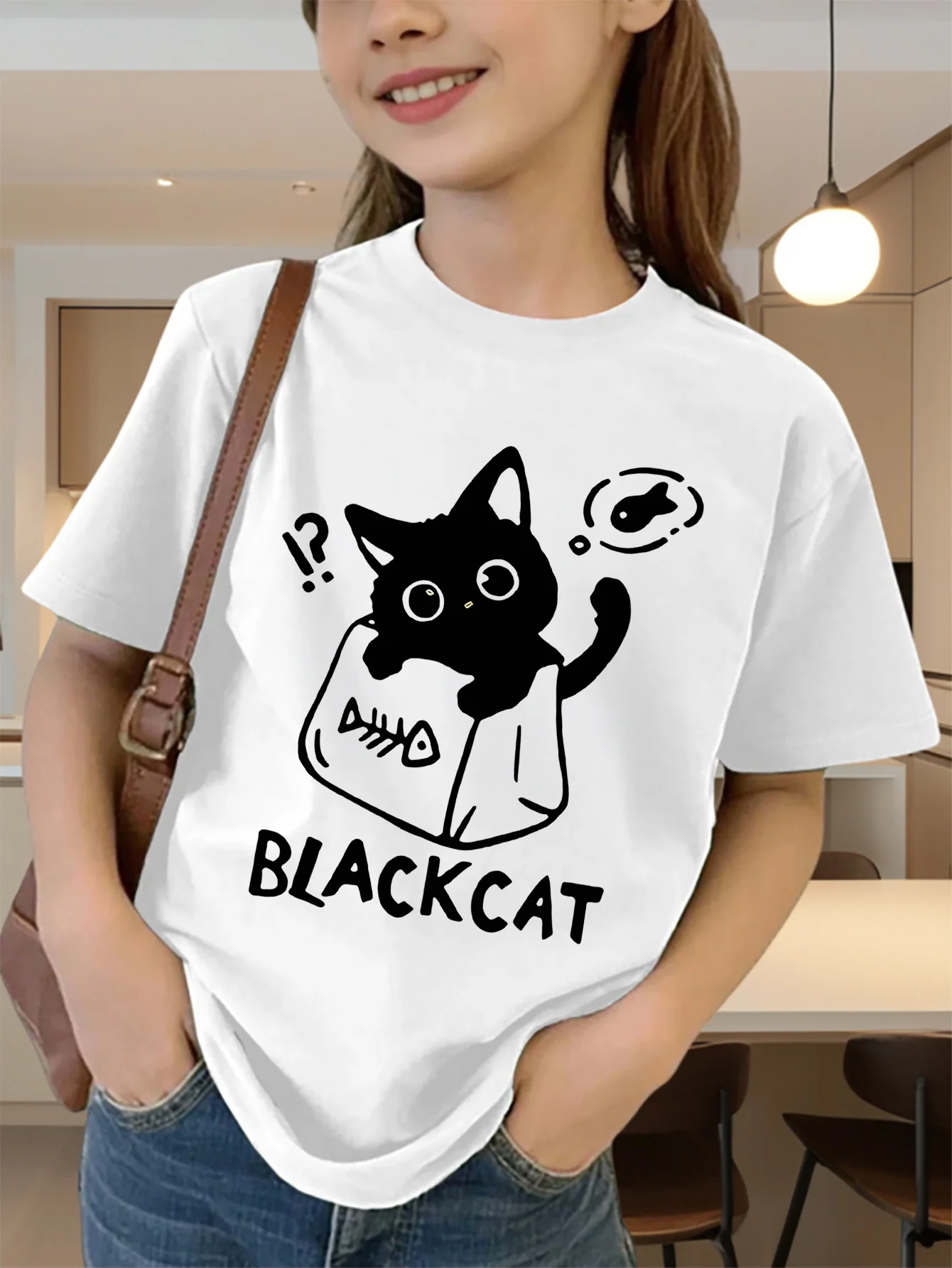 Cute Black Cat In Bag Fish Bone Letter Graphic Kids Tee Boys Girls Family Matching Cotton Crew Neck Short Sleeve Soft Summer Tee