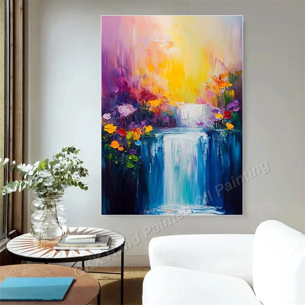 Impasto Hand-Painted Oil Painting on Canvas Colorful Waterfall Floral Landscape Vertical Wall Art Decor for Living Room