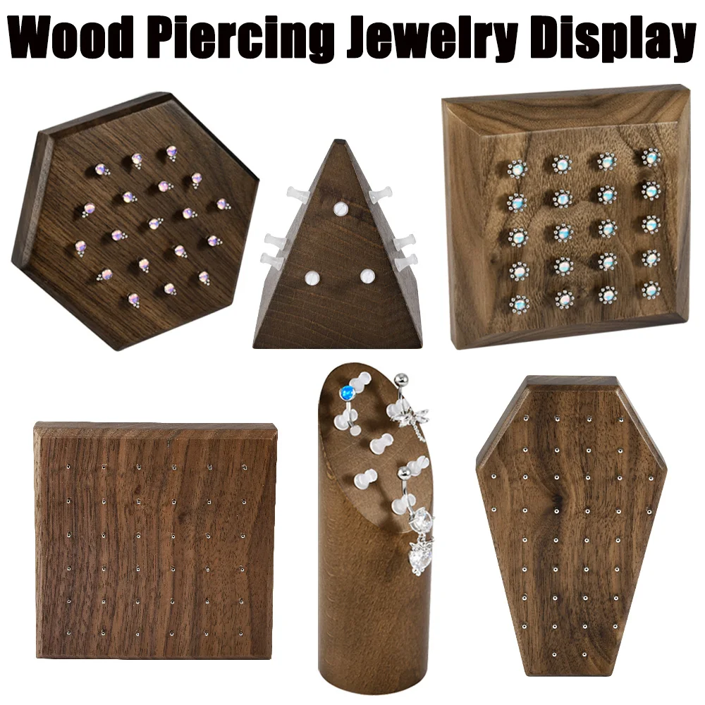 1PC Hexagon Coffin Square Shape Body Piercing Jewelry Pyramid Inclined Cylinder Solid Wood Cases Displays