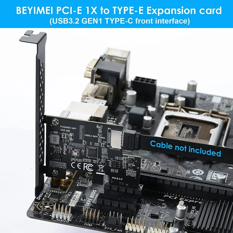 PCI-E 1X Ke USB 3.2 GEN1 5Gbps Kartu Ekspansi Tipe-e A-key, Antarmuka Tipe C Panel Depan untuk PC Desktop (ASM1042A)