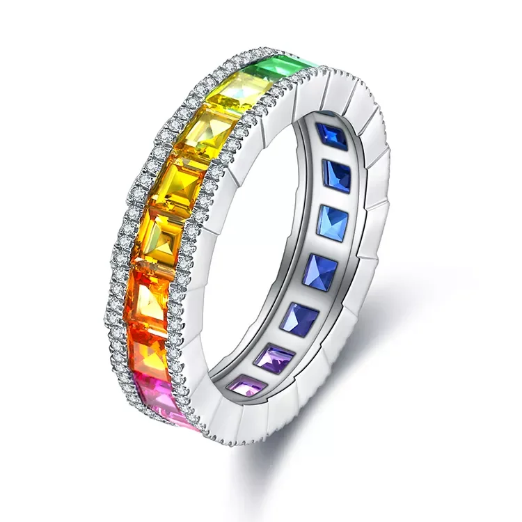 Gold Rings for Women 9K Eternity Ring Rainbow Lab Grown Sapphire Gift Ideas Wedding Party Accessories 2024 Trend Jewelry