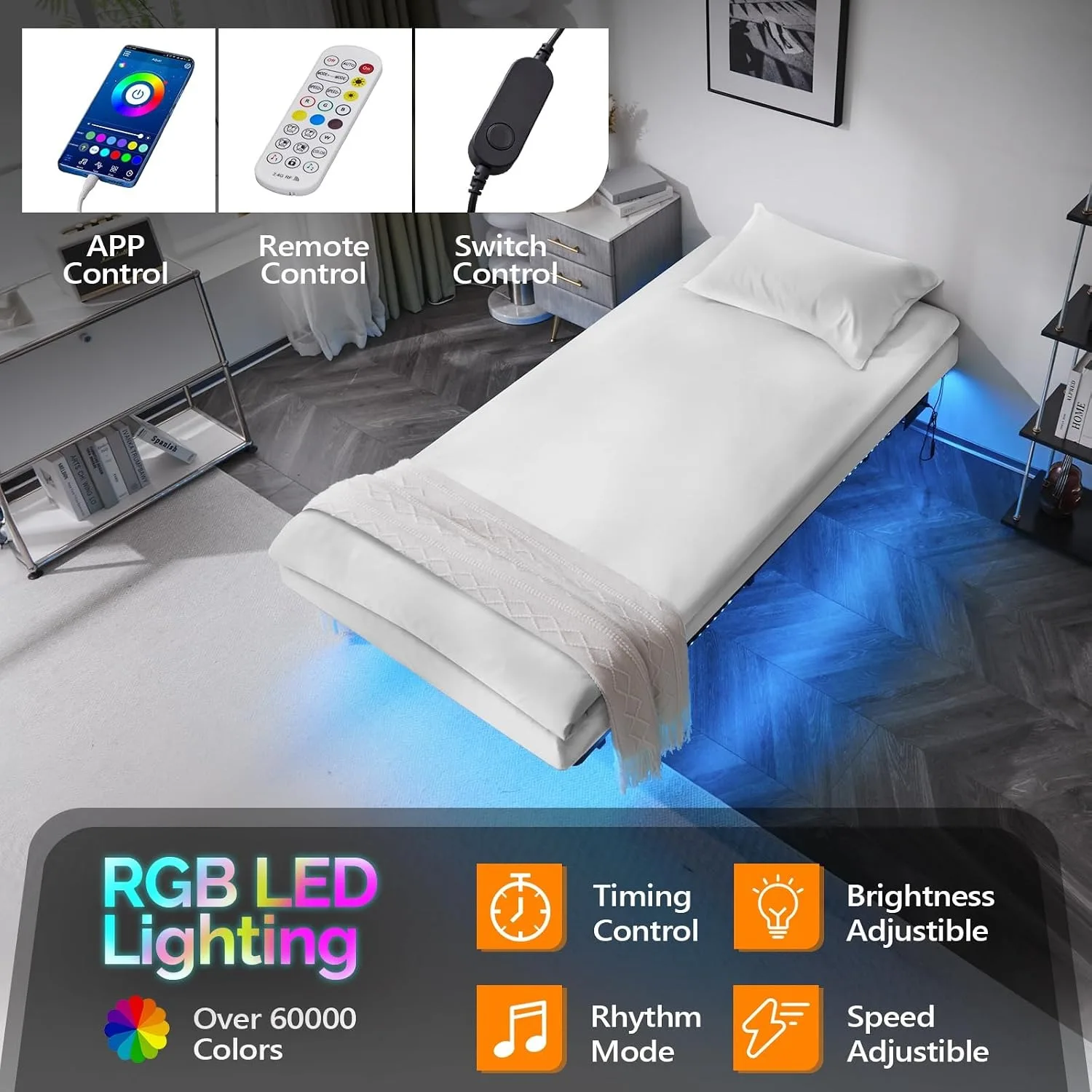 14 Inch Floating Bed Frame with USB Charging Station/LED Lights, Customized image 2