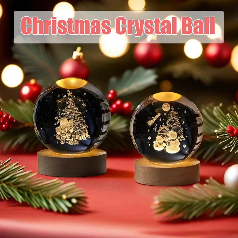 Pop 3D Crystal Ball Night Light With Santa Claus Scene USB Powered Glass Lamp Wooden Base Christmas Gift Home Decor For Kids Bed