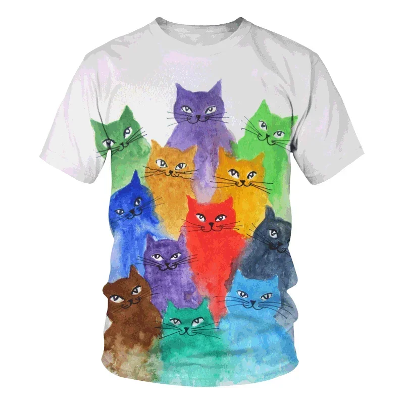 Y2K Top Childish Fun Men Women Short Sleeved Summer Casual Brief Strokes Cat Pattern Men\'s T-shirt Round Neck Sportswear Tee