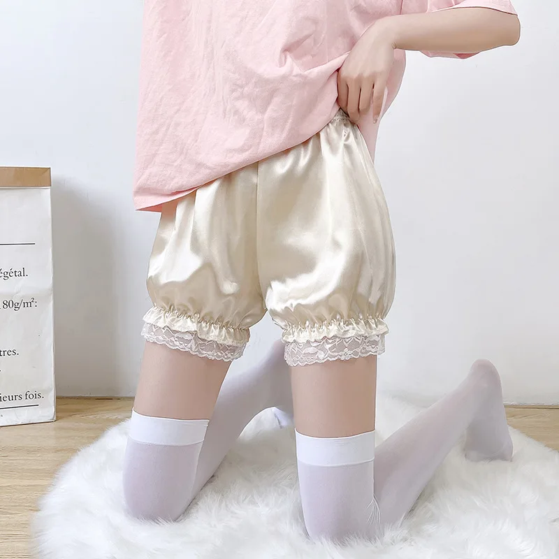 Cute Lolita Safety Satin Glossy Short Pants Women Sweet Ice Silk JK Bloomers Ruffles Lace Trim Panties Pumpkin Shorts Pettipants