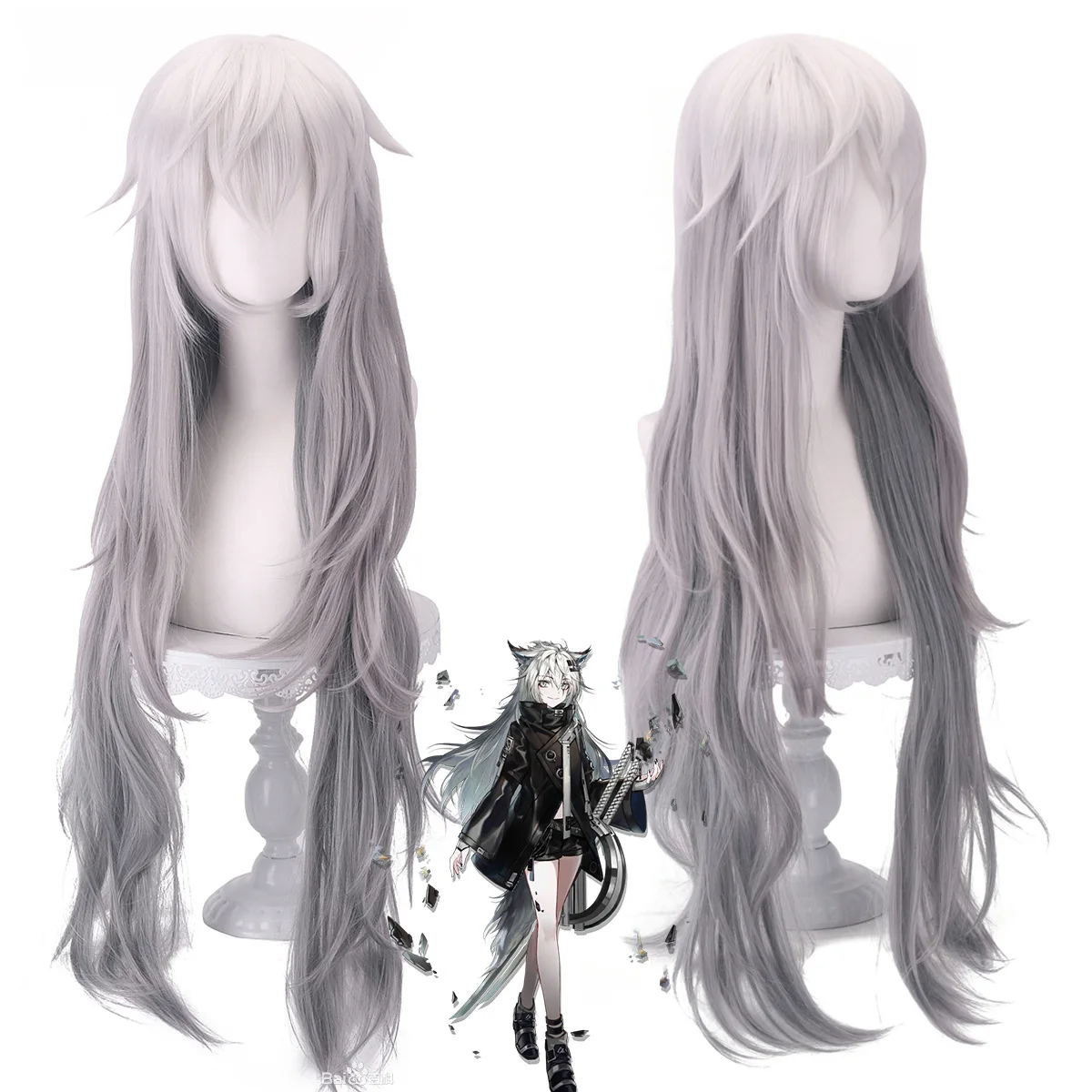 Game Arknights Lappland The Decadenza Cosplay Wig Gray White Gradient Long Hair Ear Hairpins Props Halloween Party + Free Cap