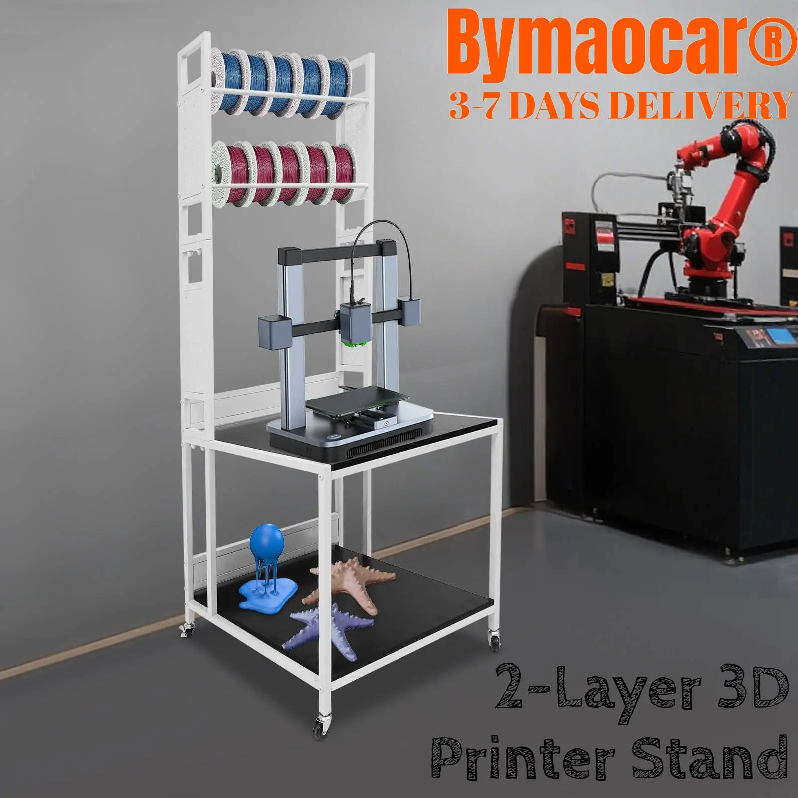 

2-Layer 3D Printer Stand, Filament Storage Rack Heavy Duty Mobile Table with Wheels 60x60x175CM for Studio Office Organization