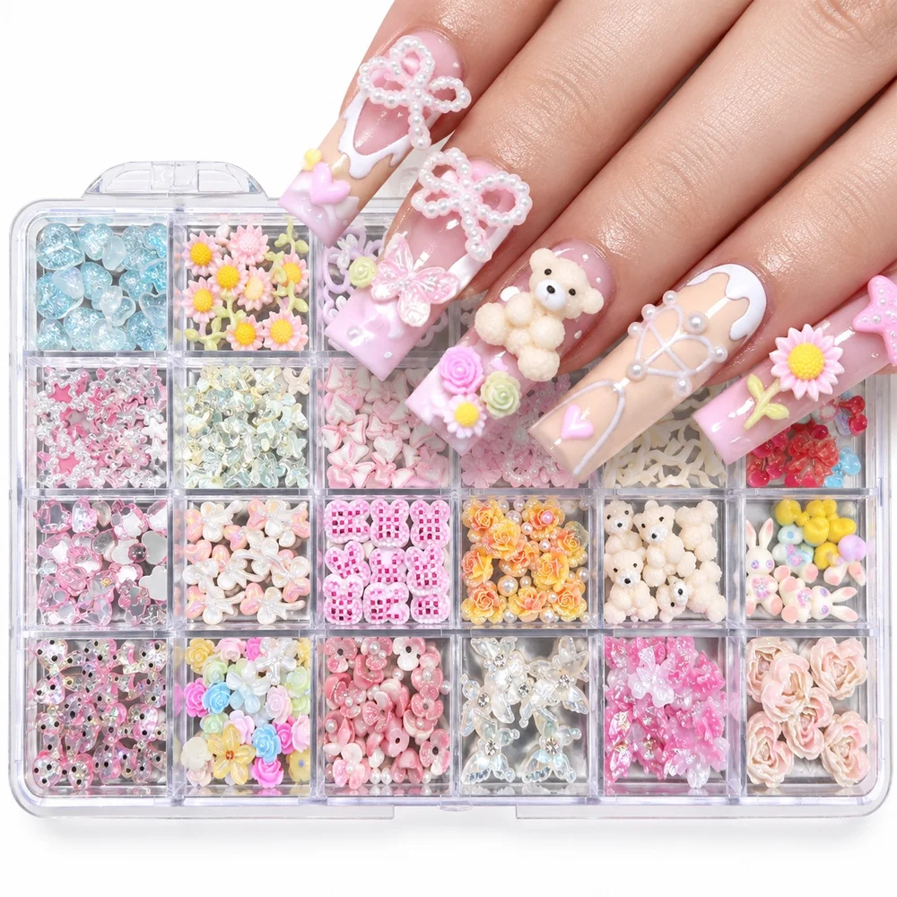 24Grids Fairycore Nail Embellishments Shiny Floral Lace Pearl Bow Resin Charms for Fairy Themed Party DIY Manicure Nail Decor