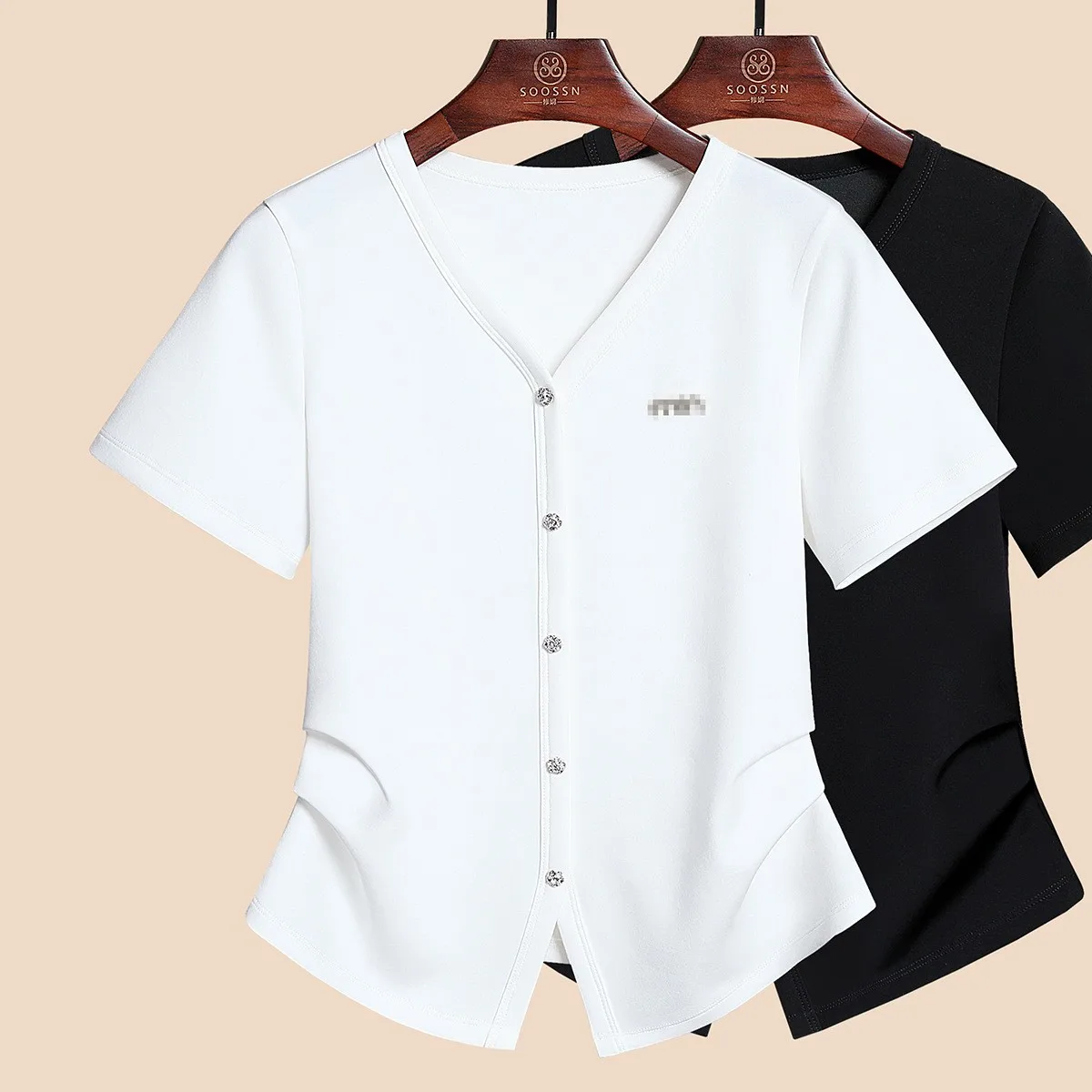 

Ele White ort Sve V-Ne Women's T-irt Summer New Sle Pleated Waist-Cinching Meat-Covering Commute Sle Cotton ...