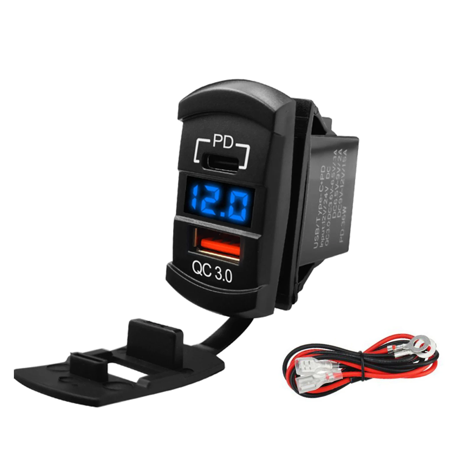 Dual Ports USB Outlet QC3.0 USB-A & 36W PD Type-C Charger Socket with LED Voltmeter Waterproof Rocker Switch for Car Truck Boat