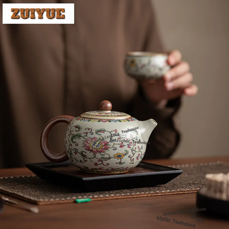 

360ml Ru Kiln Interlock Branch Lotus Decoration Teapot Boutique Tea Infuser Pot Tea Soaking Kettle With Ball Hole For Tea Craft