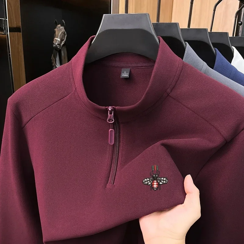 Fashion brand exquisite bee embroidery zipper half lapel T-shirt pullover luxurious winter thick fabric comfortable mens sweater
