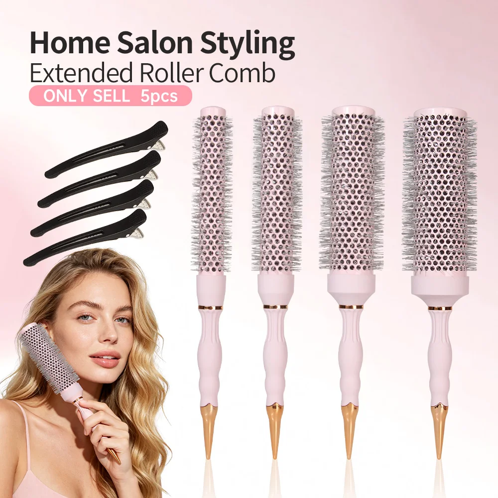 5-Piece Set of Home Salon Ceramic Cylinder Brushes, Extra-Long Aluminum Tube Rollers, 4 Sizes of Heat-Conducting Curling Rollers with Sectioning Clips, Professional Hair Styling Tools for Women with Medium-Length Hair, 4 Sizes