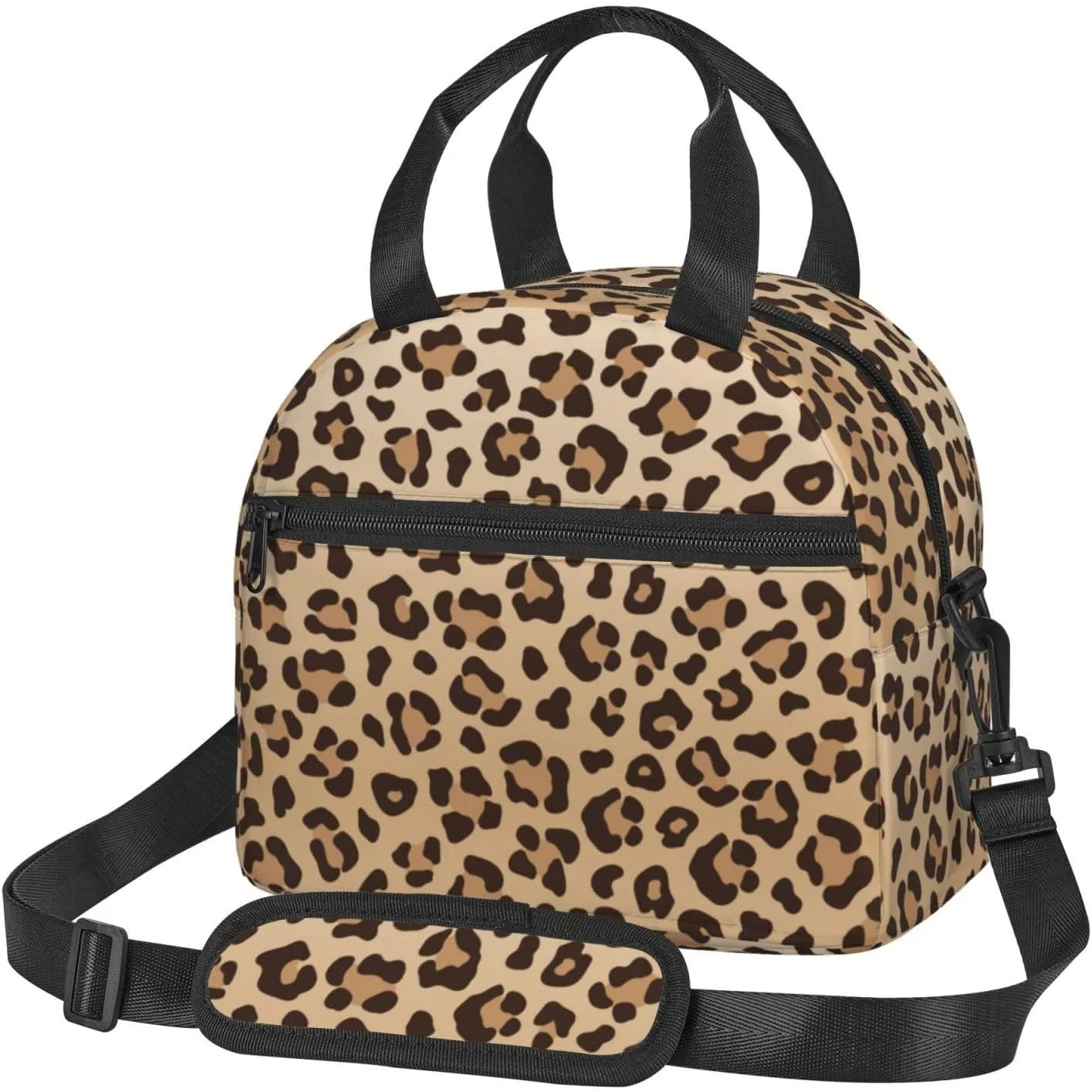 Black Leopard Print Lunch Bag Reusable Insulated Lunch Tote Bag Lunchbox Container with Adjustable Shoulder Strap for Office