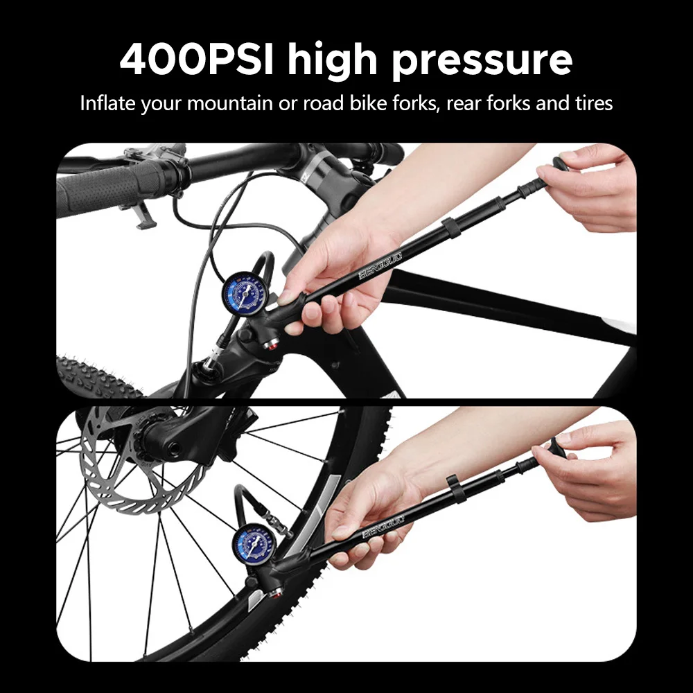 High Pressure Bike Pump 400PSI Tire Inflator Air Pump with Pressure Gauge for Fork and Rear Suspension