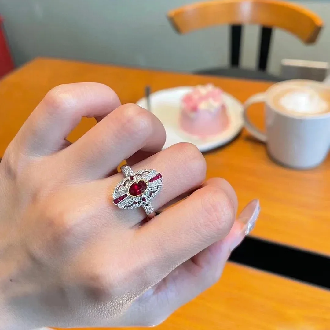 Foydjew Vintage Edward Artdeco desain dua warna cincin emas bertatahkan simulasi merpati darah merah Ruby cincin korundum merah untuk wanita