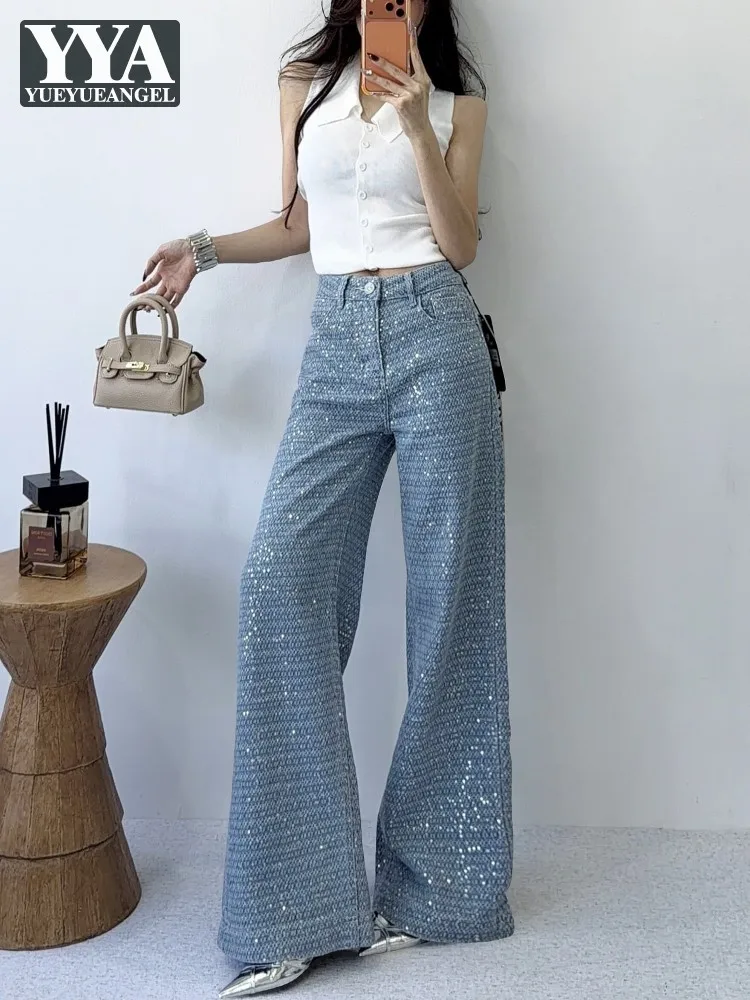 

Spring Lady Hot Sale Shiny Diamond Jeans Straight-Leg High Waist Fashion Denim Pants Daily Loose Fit Casual Full Length Trousers