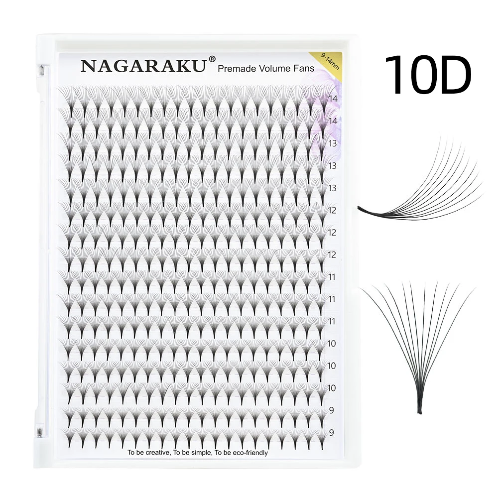 NAGARAKU Vorgefertigte Fächer mit scharfem, schmalem Stiel, Wimpernverlängerung, 5D, 6D, 10D, dünne, spitze Basis, russische Fächer, fertiges russisches Volumen