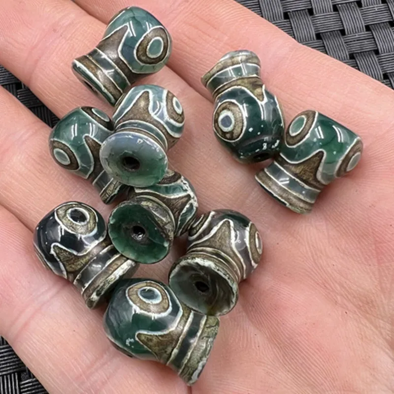 1pcTibetan Three-Eye Tibet Beads-Hole Vase Jade Scattered Beads Green Agate Tibet Beads Bracelet Necklace Prayer Beads Accessori