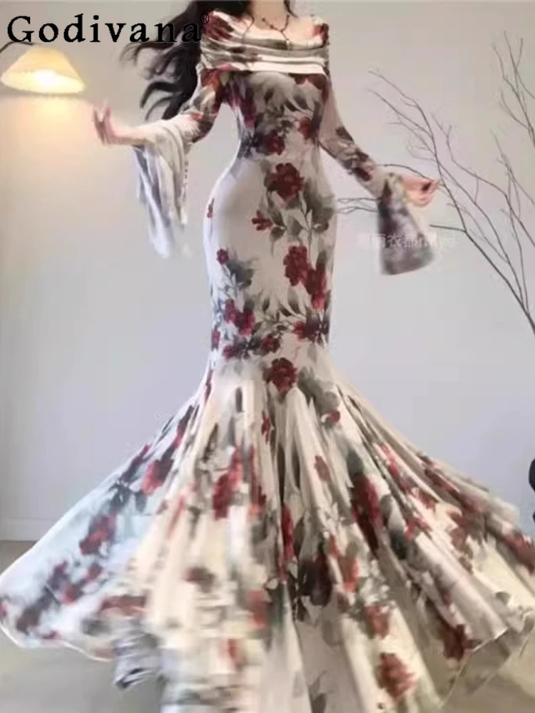 

L-4XL Large Size Rose Print Flare Sleeve Sexy Slash Neck Dress Women's Autumn Long Sleeve Slim Fish-tail Long Evening Dresses