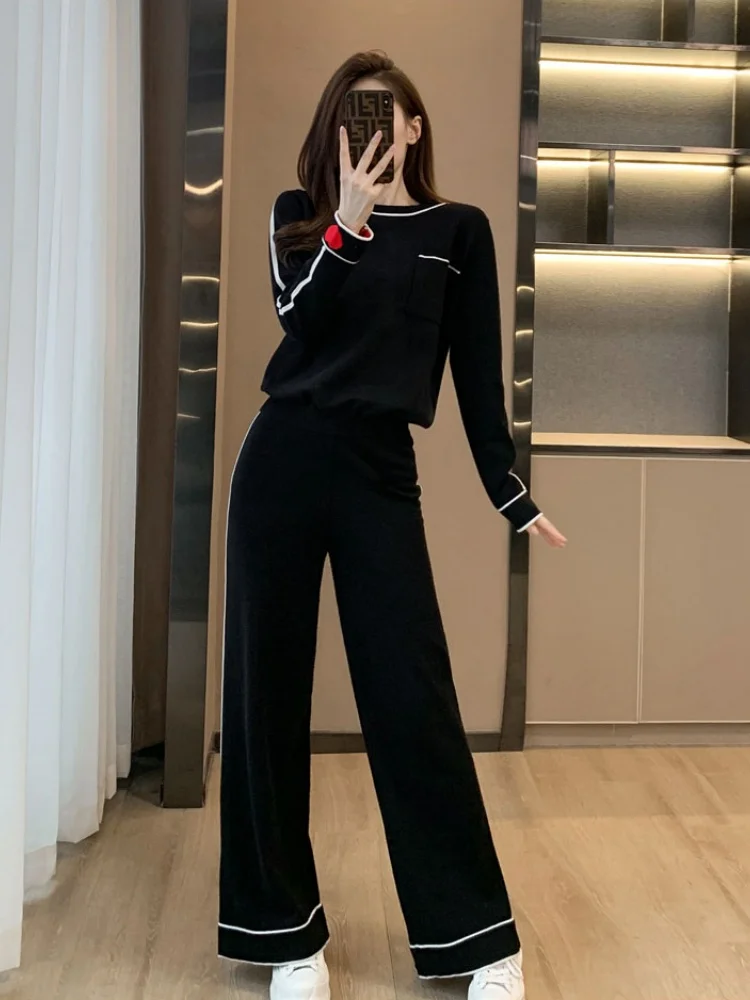 

Small Fragrance Style High-End Casual Sports Black Knitted Sweater Two-Piece Set Women's Winter Slim Wide Leg Pants Outfits