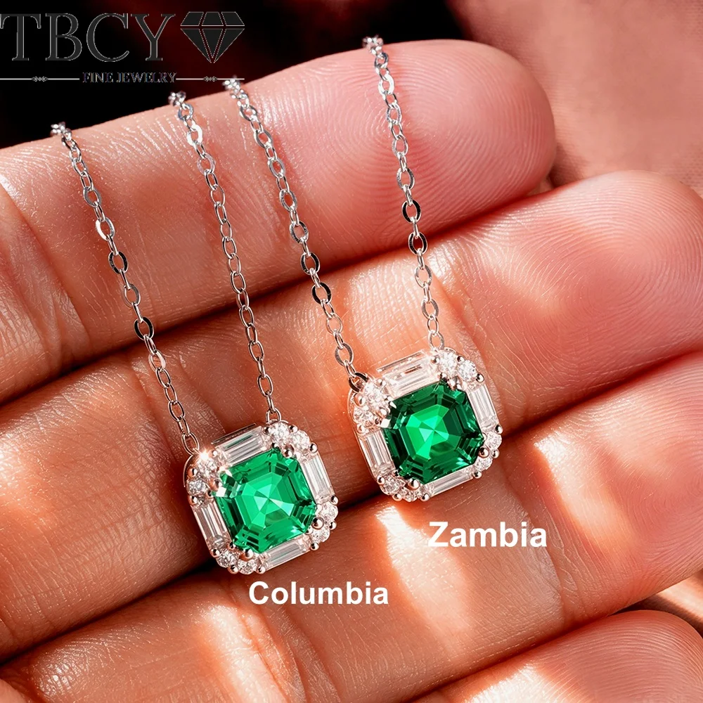 TBCYD Asscher Cut 2ct Moissanite Halo Pendant Necklace 7mm Colombian/Zambia Stone S925 Sterling Silver White Gold Plated Jewelry