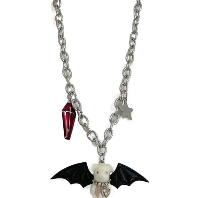 M2EA Gothic Necklace with Bear Muppet-Pendant Demon-Wings Choker Chain Star Coffin