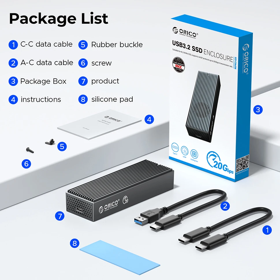 حافظة خارجية ORICO-NVMe SSD ، حاوية M.2 ، USB HD ، حالة صلبة ، صندوق تخزين القرص الصلب ، نوع C M2 ، غلاف للكمبيوتر الشخصي ، كمبيوتر محمول ، 20 جيجابايت في الثانية
