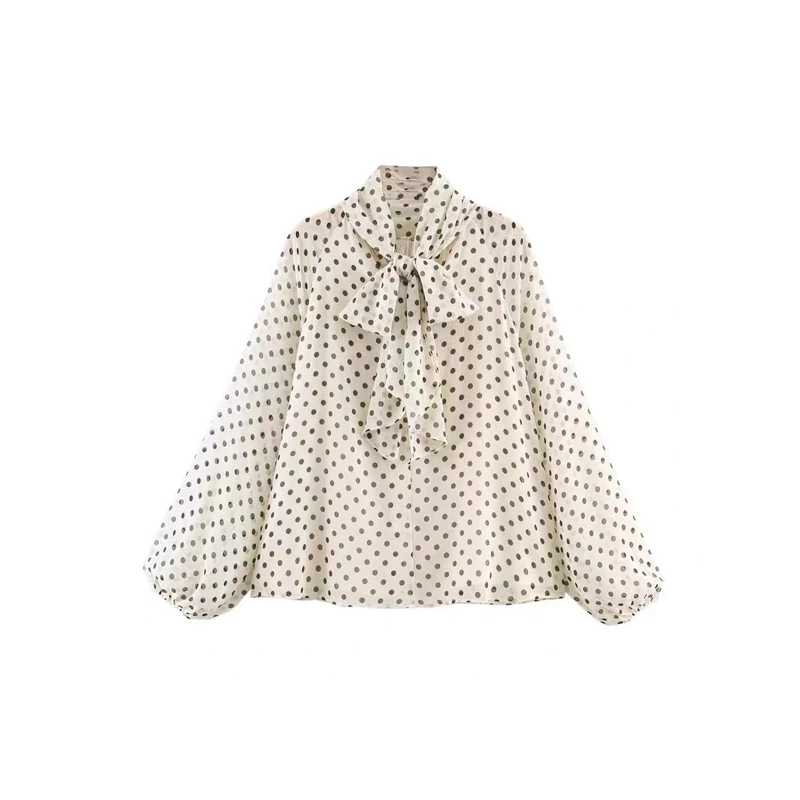 

Весенняя офисная рубашка 2026 года с принтом в горошек, на шнуровке, с бантом, женская повседневная блузка с длинными рукавами-фонариками в стиле ретро, плиссированная, свободного кроя