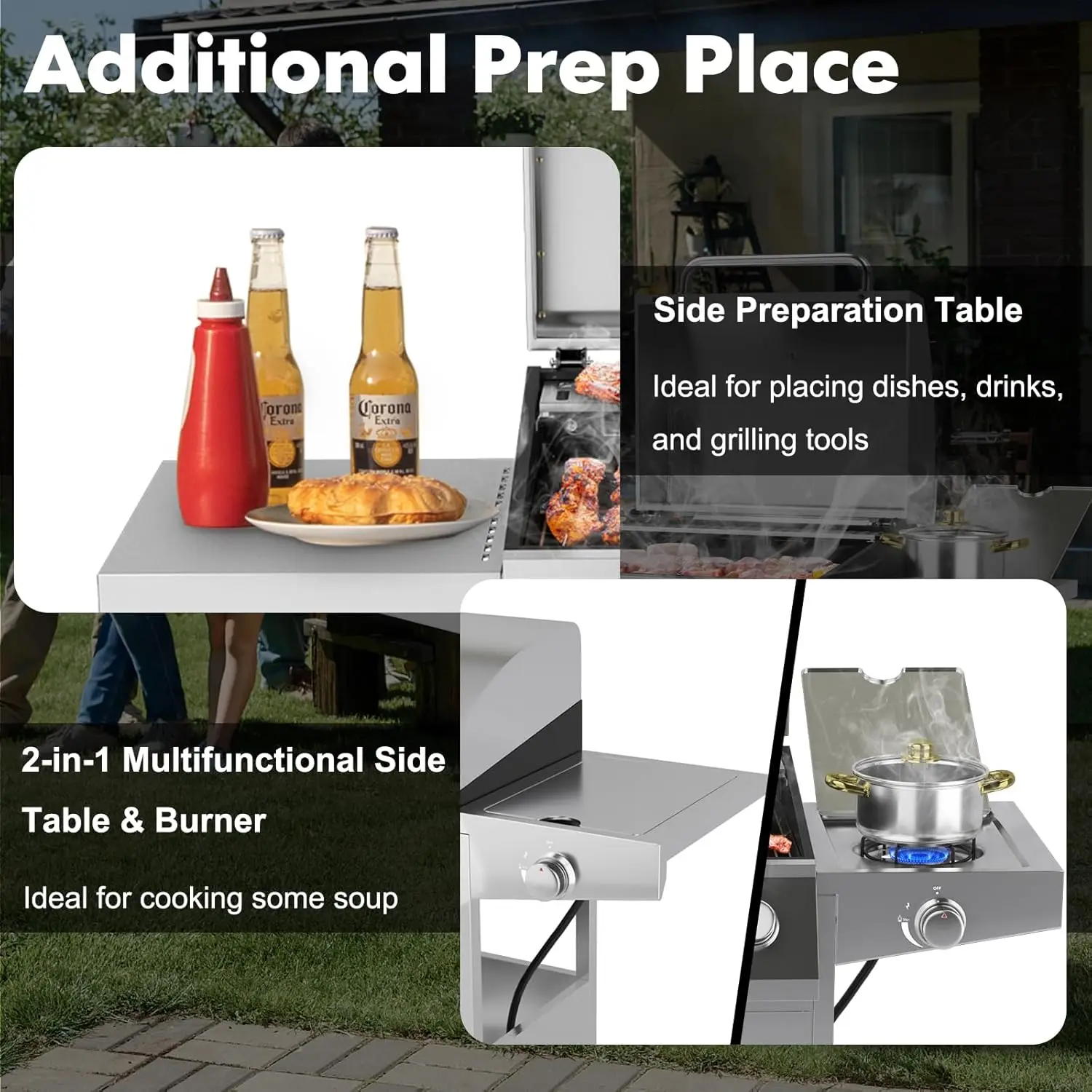 Parrilla de gas propano 50.000 BTU, 4 quemadores principales, 1 quemador lateral, 2 mesas de preparación, parrilla de barbacoa resistente de acero inoxidable con 4 ruedas f