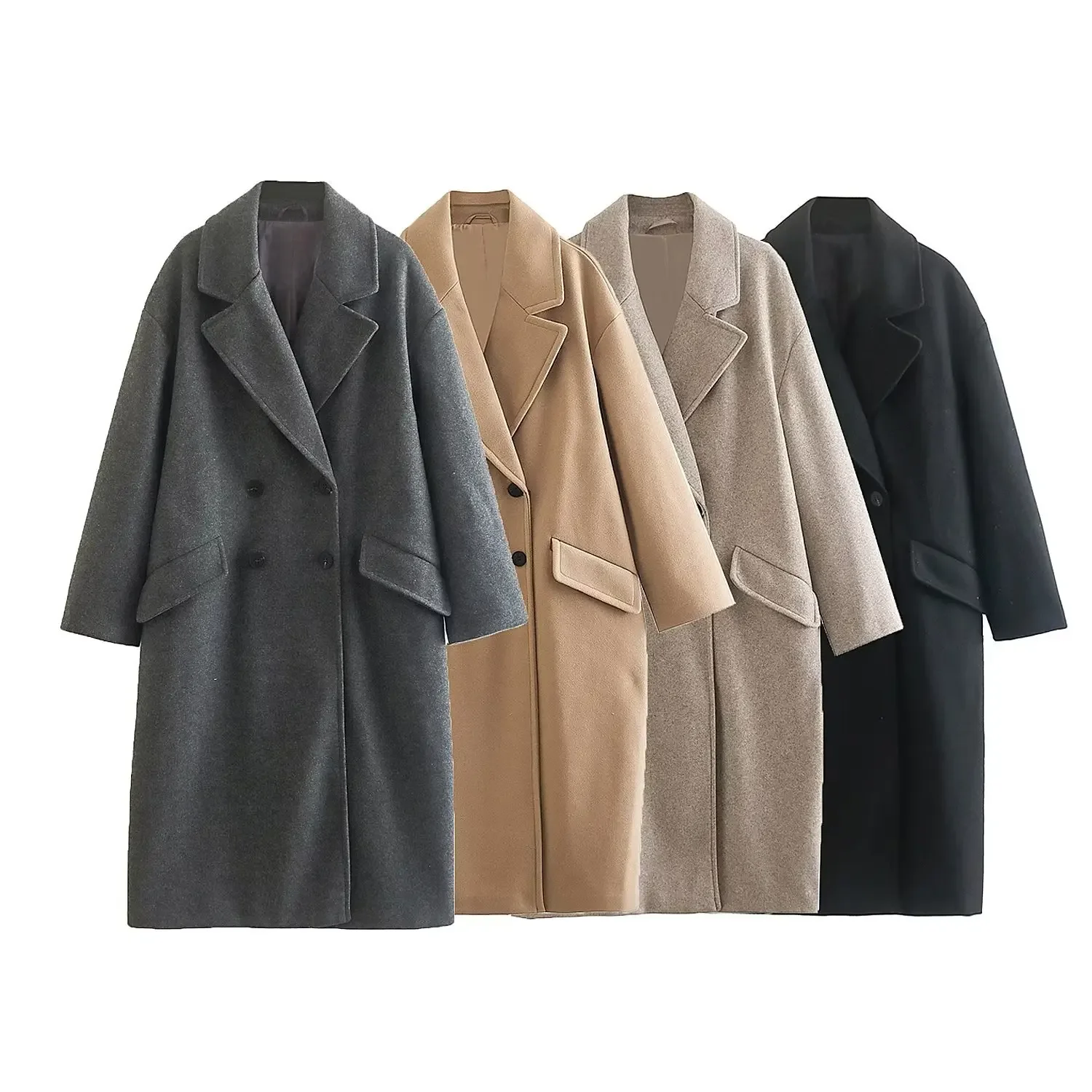 

Winter New Product Women's Fashion and Casual Versatile Flip Collar Double Breasted Button Long Woolen Coats and Jackets Women