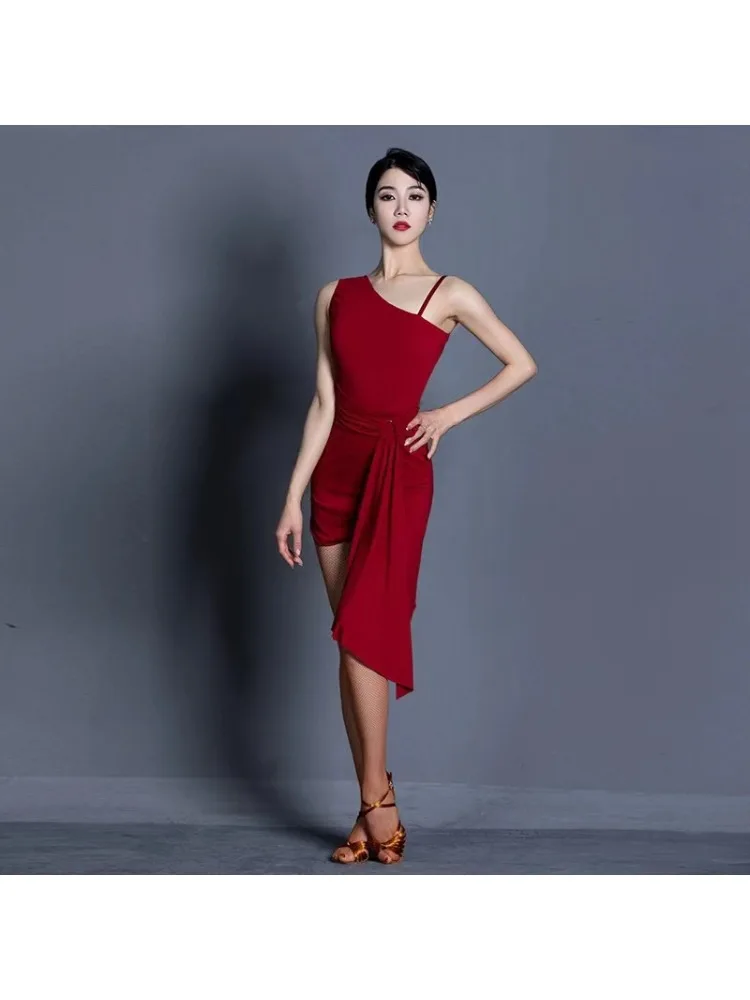 

Платье для взрослых латинских танцоров с одним плечевым ремнем и лентой, юбкой для практики современного китайского танца, юбкой для выступлений