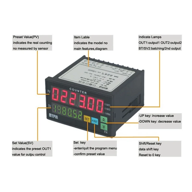 Mypin FH8-6CRRB Dual Display Digital Counter 6 Digits Light-Emitting Diode AC/DC Length Meter Black A006