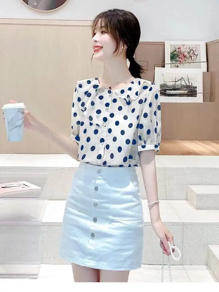 New Summer Fashion Trendy Lotus Leaf Collar Shirt Polka Dot Short-sleeved Chiffon Shirt Women's Loose and Mature Top