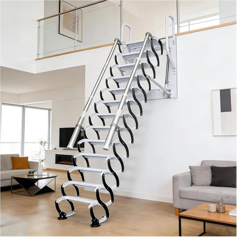 

9-Step Wall-Mounted Attic Ladder with Pull-Down System, Retractable for Indoor/Outdoor Use, Wider Steps and Armrest Handle