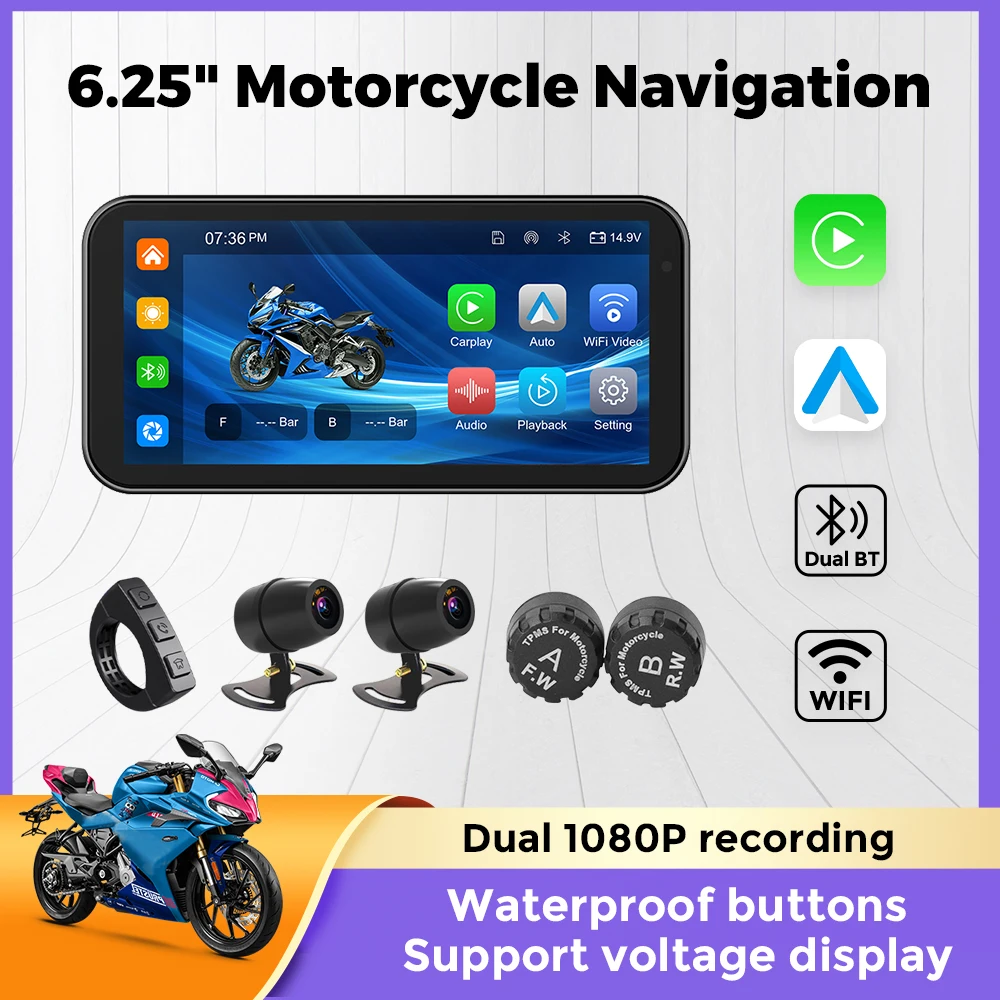 6.25 "لاسلكي CarPlay/Android Auto Motorcycle IPX67 مقاوم للماء والملاحة Android OS 2 + 32GB 1080P Dual Dashcam / Dual BT/ WiFi