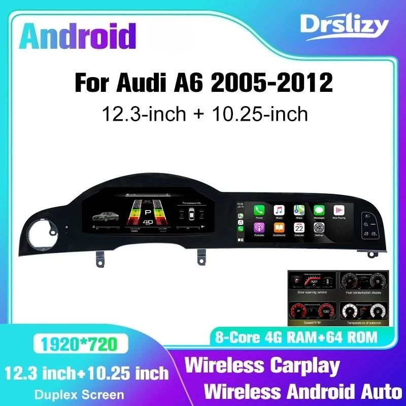 For Audi A6 A6L C6 4F 2005 - 2012 Dual screen Digital speed  Carplay Auto GPS WIFI Dash Cluster Virtual Cockpit Android Stereo
