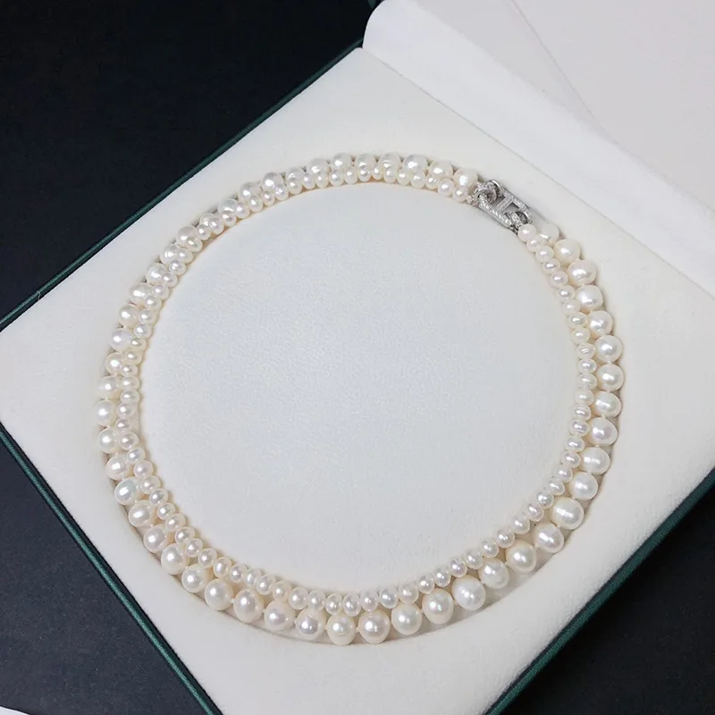 2row AAA Japan Akoya 5-6mm 9-10mm  White Pearl Necklace 925s