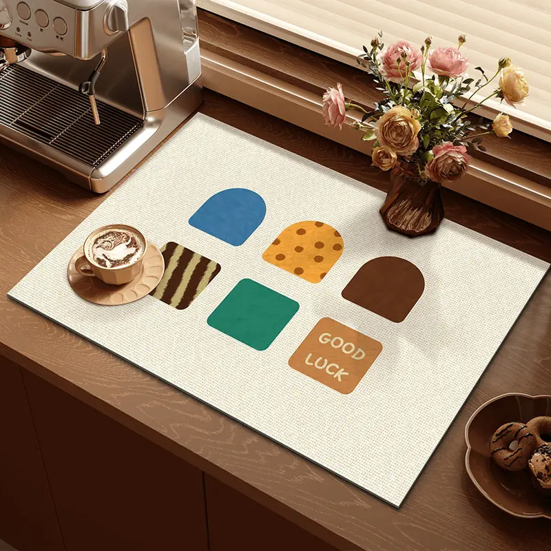 VIKAMA Abstract Color Block Drying Mat Orange Dot Print Non Slip Heat Resistant Pad For Coffee Machine Kitchen Counter Decor