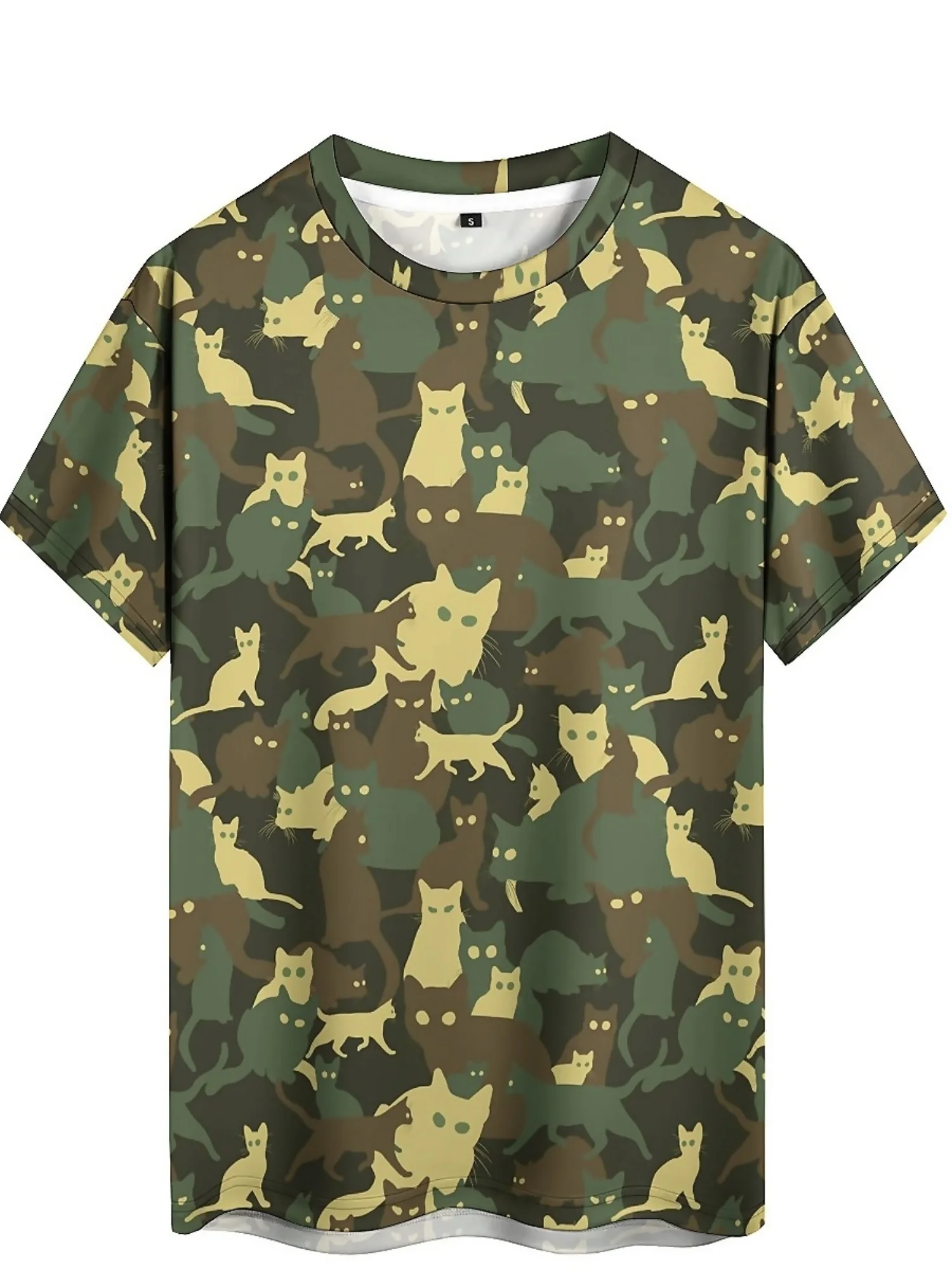 Men's Retro Y2K Camouflage T-Shirt with 3D Geometric Cat Print - Full-Body Outdoor Fitness Running Tee, Breathable