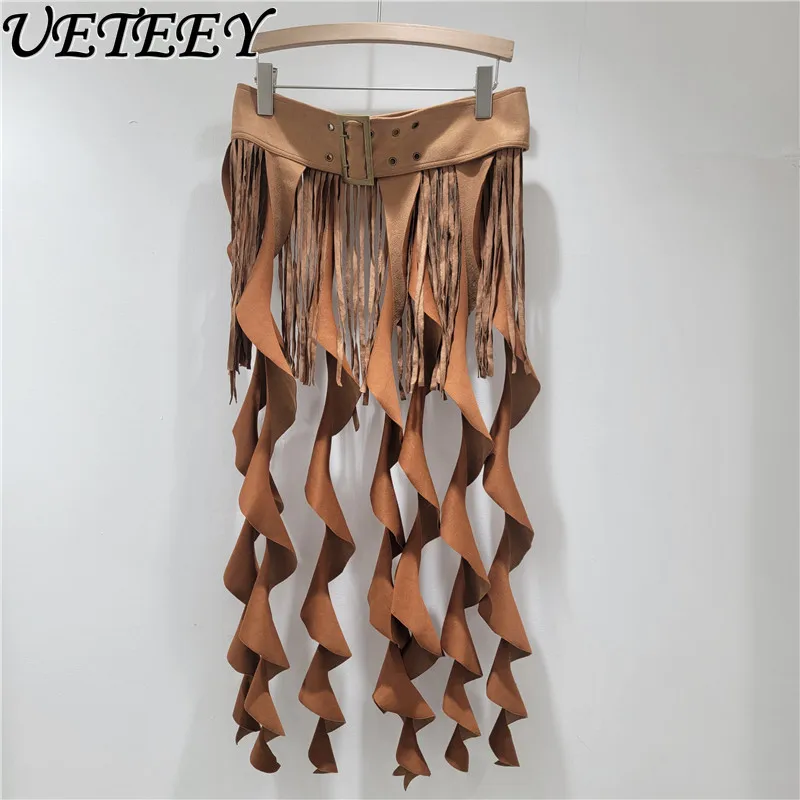 

American Retro Niche Brown Ruffled Tassel Skirt for Women Unique Slimming Versatile Waist Belt Pleated Skirt Y2k Female Faldas