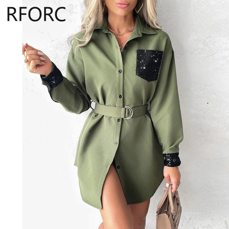 

Women 2024 Spring Dress Sequins Patchwork with Belts Long Sleeves A-line Shirt Dress