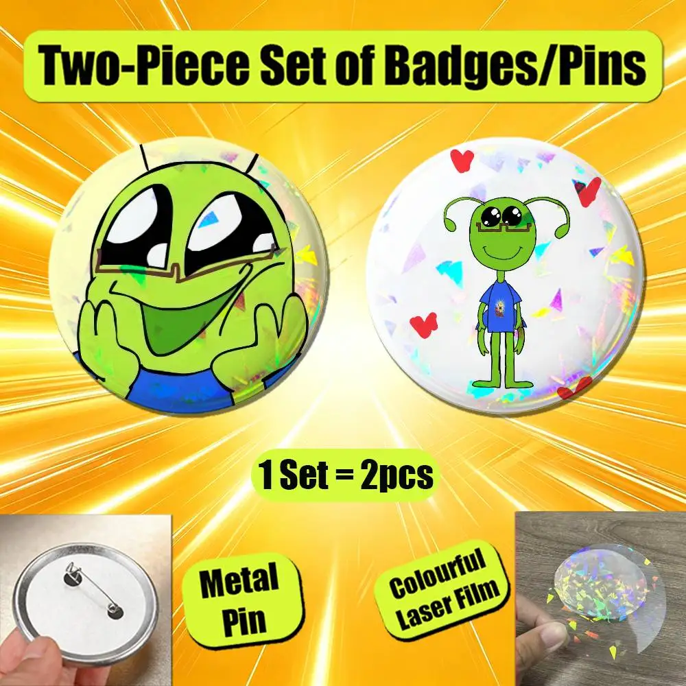 For Fact Attack Adventures Alien Facty Boy Enamel Pin Badge Set 2PCS Round Button Metal Brooch Ita Bag Backpack Pins Custom