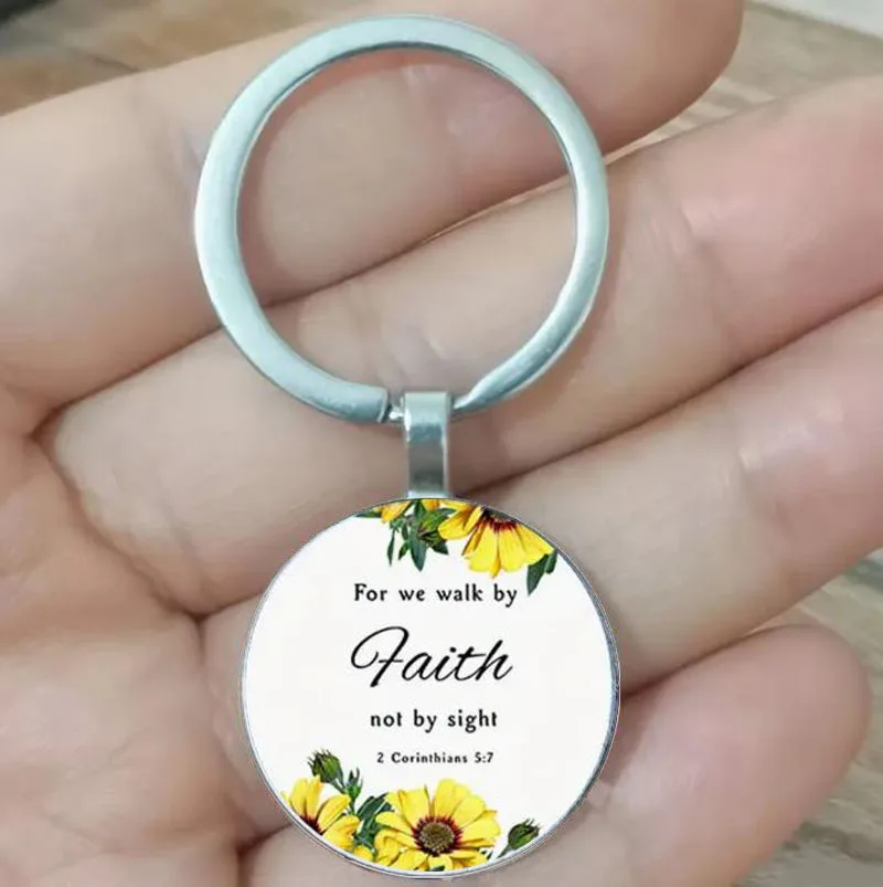 

We Walk by Faith "inspired zinc alloy keychain with glass corner protectors and cross pattern design - simple and elegant