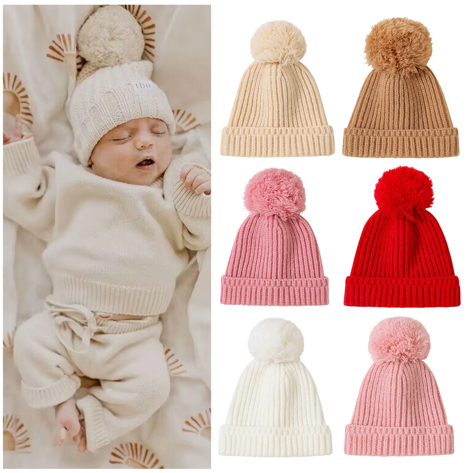 

Winter Warm Knitted Newborn Baby Hats Girls Boys Unisex Soft Fluffy Knitted Hats Furry Balls Warm Cute Lovely Infant Beanie Caps