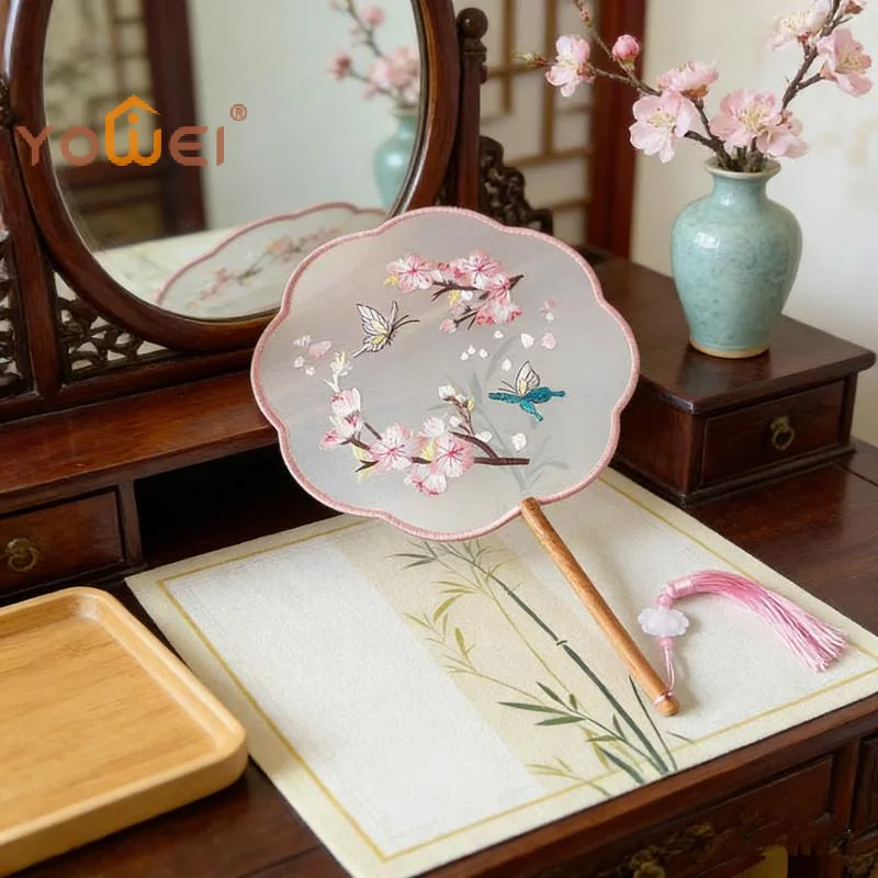 Latest Vintage Style Silk Round Fan Exquisite Flower Embroidery Paddle Traditional Chinese Art Craft Hanfu Dance Party Accessory