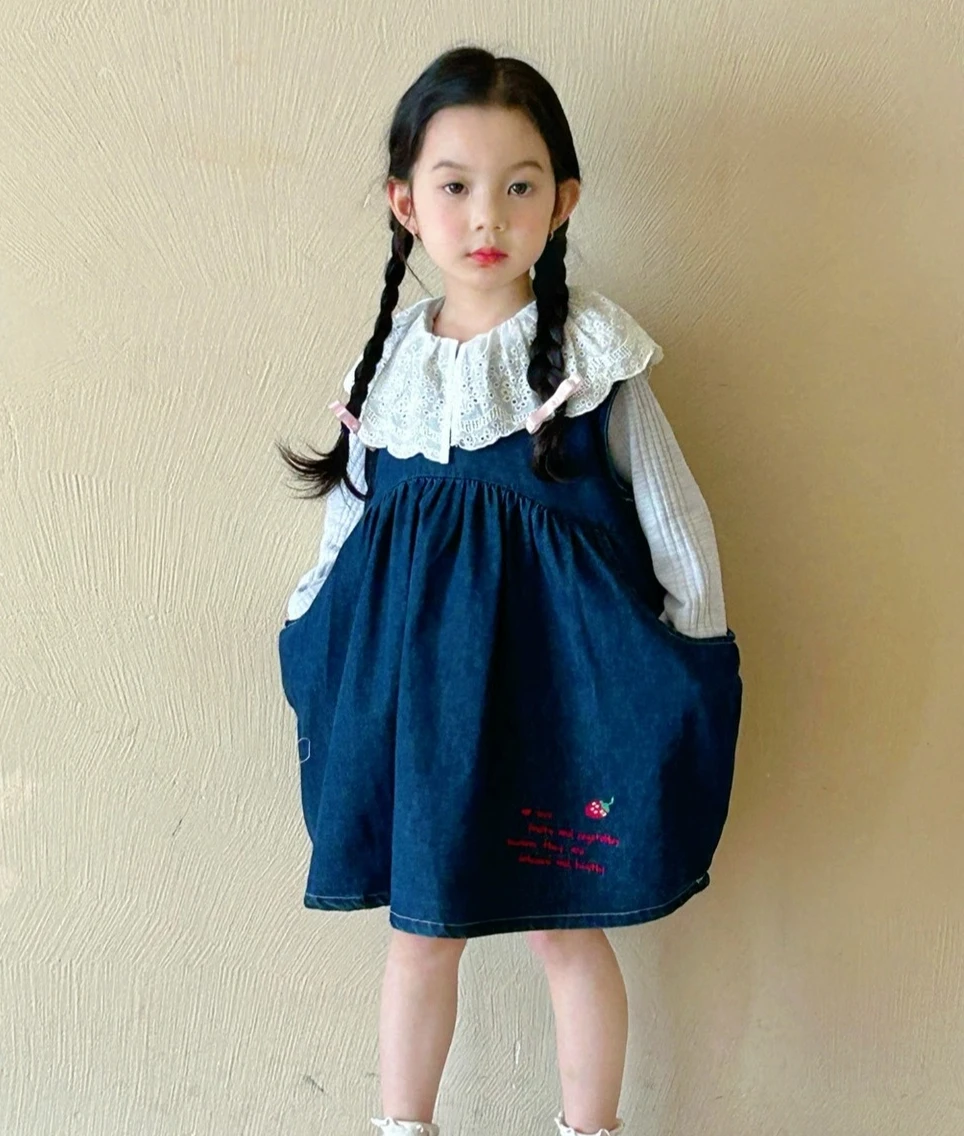 

Korean Children Clothing 2025 Autumn New Girls Suspender Dress Denim Blue Vest Dress Casual Layered Dress Base Top Two Piece Set